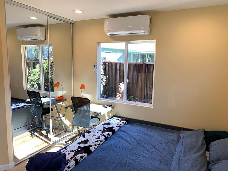 Unit bedroom with large closet and working desk, Private heating and cooling system