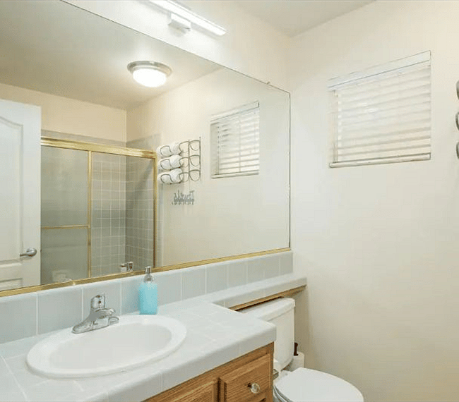The bathroom is modern and stylish with shower, toilet and vanity