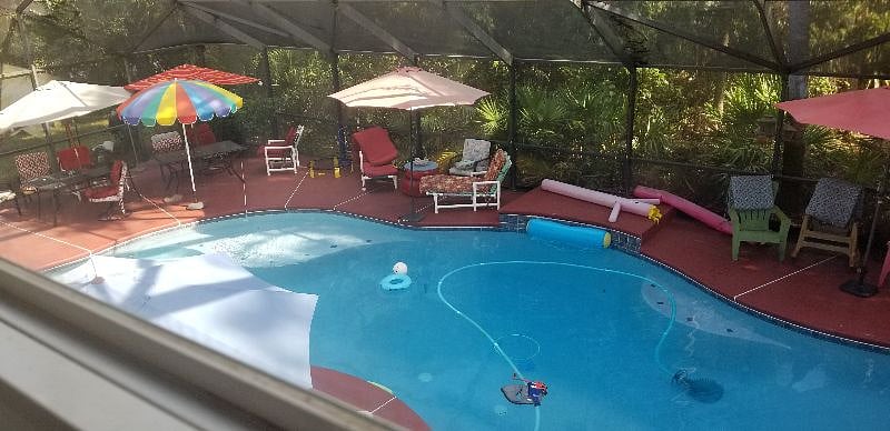 Our large 1800 sf pool area has cushioned seating for 20, large pool, hot tub and is a great place to relax or work.