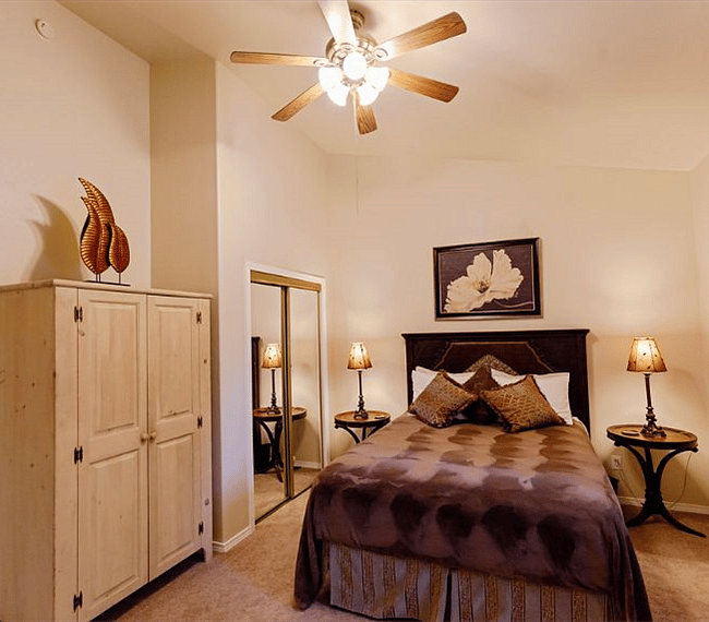 Master Bedroom with Ceiling fan and Vaulted Ceilings. Comfortable Queen Mattress