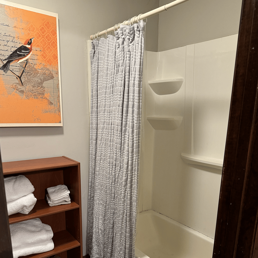 Bathtub with shower and shelving