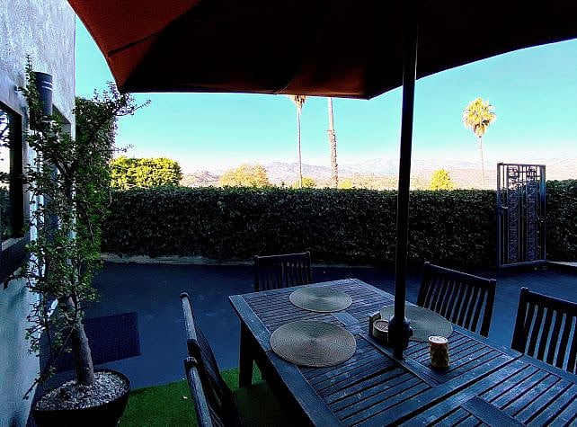 Front entrance and dining patio for apartment.