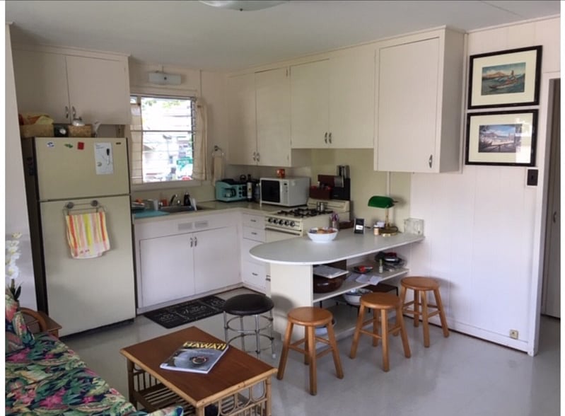 Kitchen (with west window) and counter cubby, with gas cooking, also furnished 