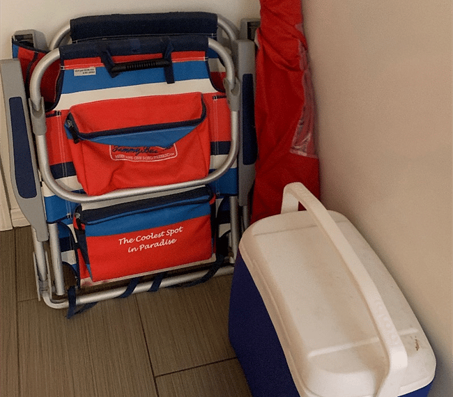 Beach Chairs, Umbrella, Towels and an ice chest for your use.
