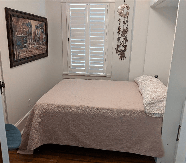 Or fold down the full-sized bed to add a second BR. Includes a small closet and a few shelves for storage. Under the bed works, too!