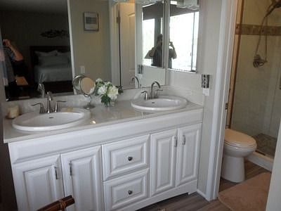 Master Bath Vanity with tiled shower
