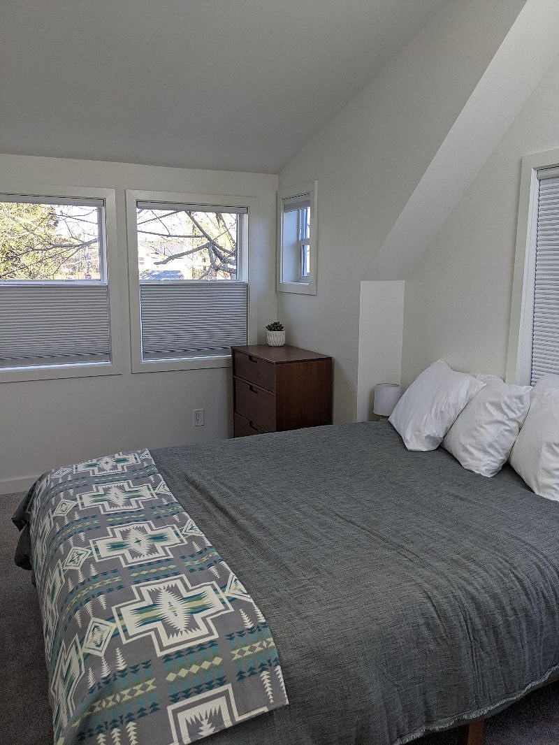 Natural light bedroom, complete with black-out blinds