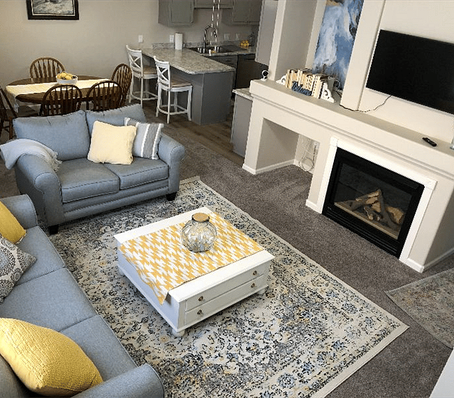 Open Living Room, Kitchen, Dining Area with high ceilings and great natural light. 