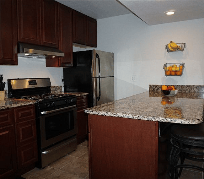 Stainless steel appliances and island bench