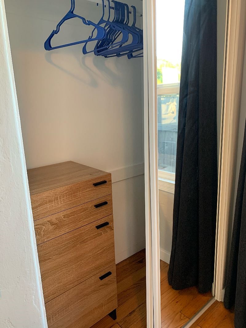 Each bedroom has a closet with drawers and hanging room.