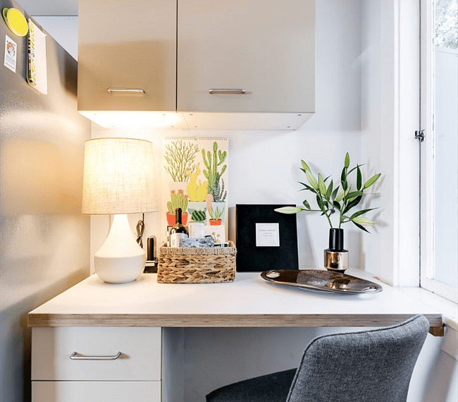 Workspace in kitchen looks out to backyard.