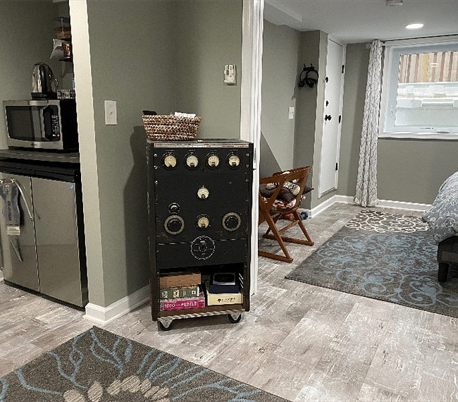 The bedroom is separated from the living room by double pocket doors. Generally I just leave them open and the space feels much bigger than it is.