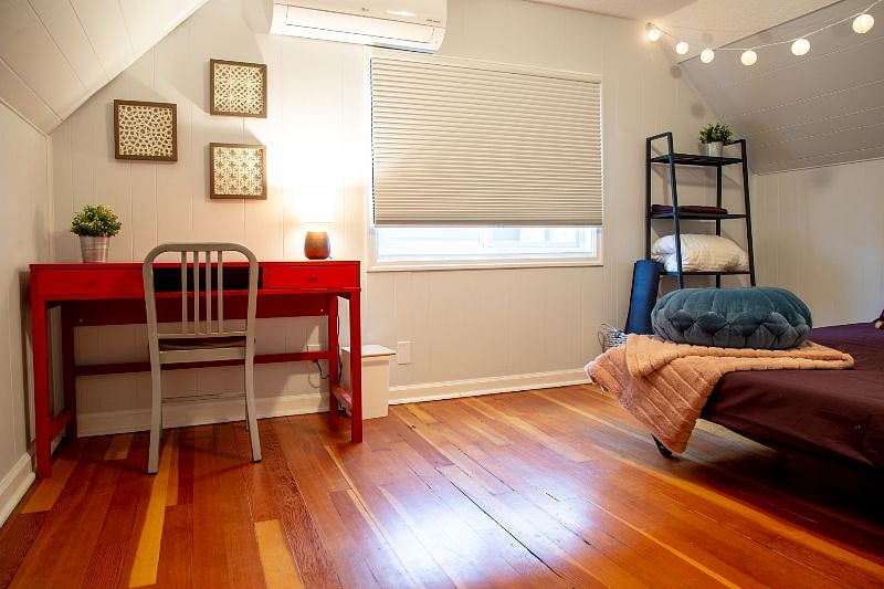 Upstairs bedroom, relaxation room, office or yoga studio. However you like it. The bed is full size. We will gladly replace with two twins if you would like that option.