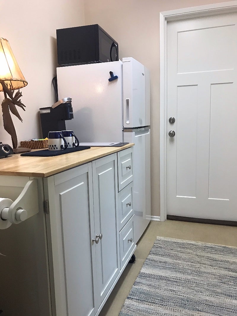 Kitchenette includes Keurig coffee maker, microwave, full refrigerator, dishes and linens.
