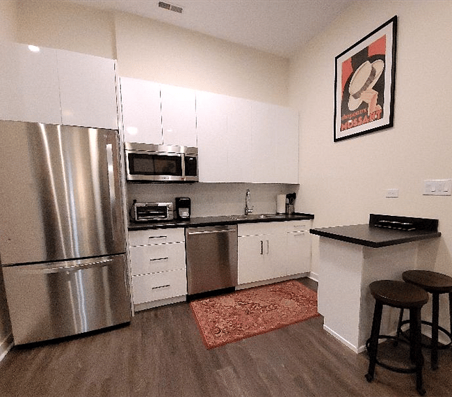 Kitchen with full size refrigerator and dishwasher, induction cooktop, microwave