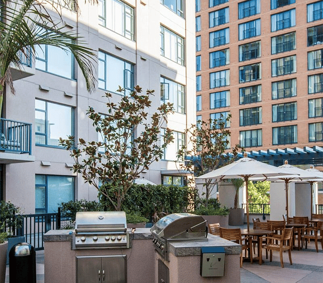 Second floor offers a large patio for dining and large grills.  Available any time.  The gym is also located on this floor