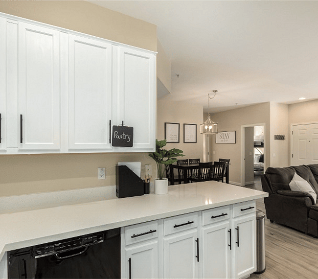 Open concept with kitchen, dining and living areas.