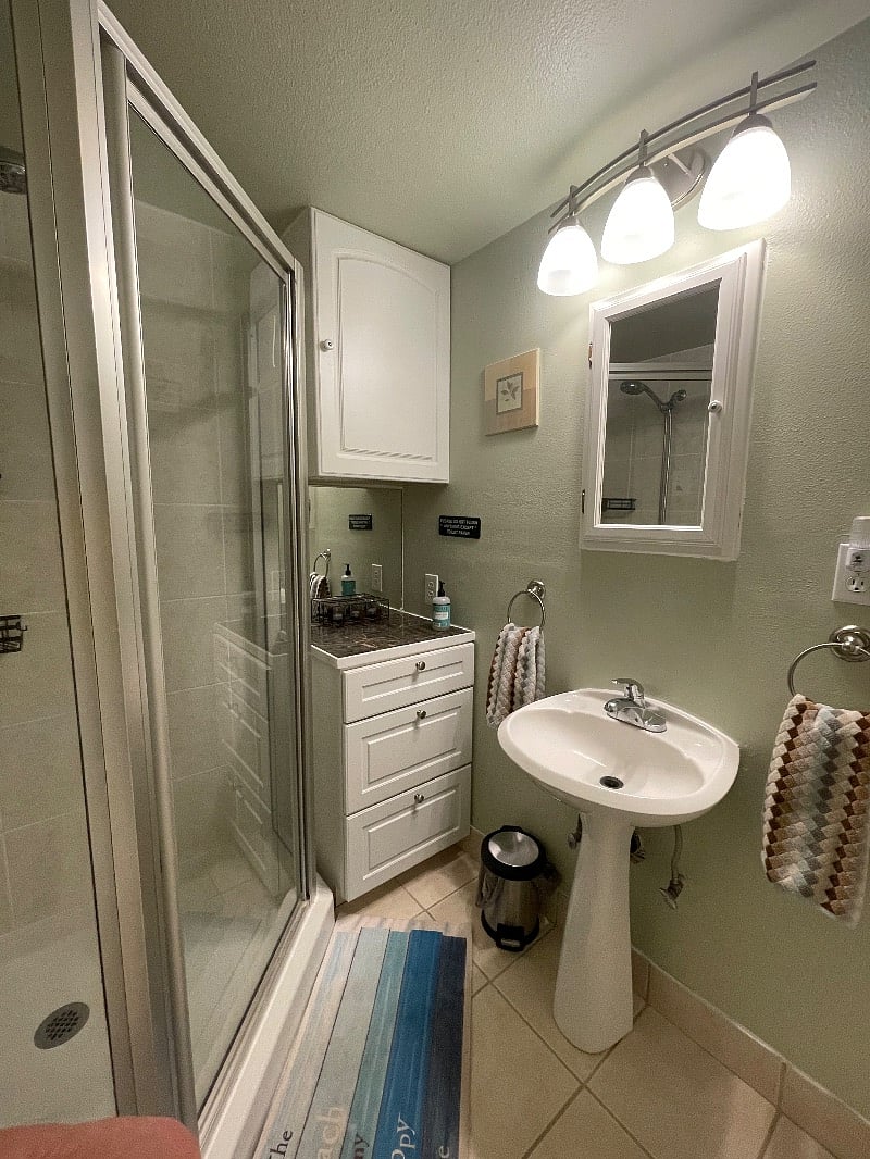 Another wide-angle view of shower, storage drawers, upper cabinet, medicine cabinet