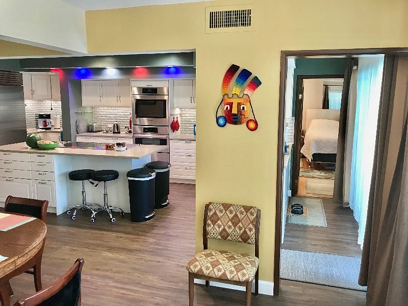 Interior entrance to the bedroom is behind the kitchen set back privately from the rest of the house.