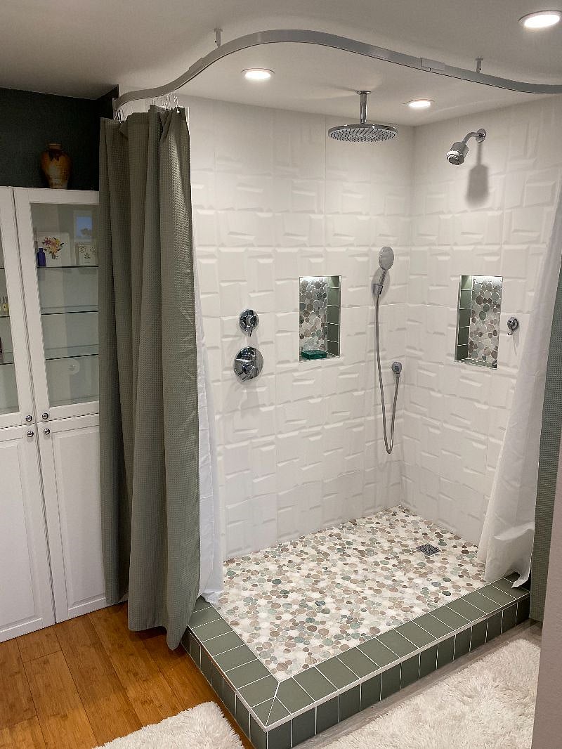 Walk-in extra large custom rain shower, more cabinet space!