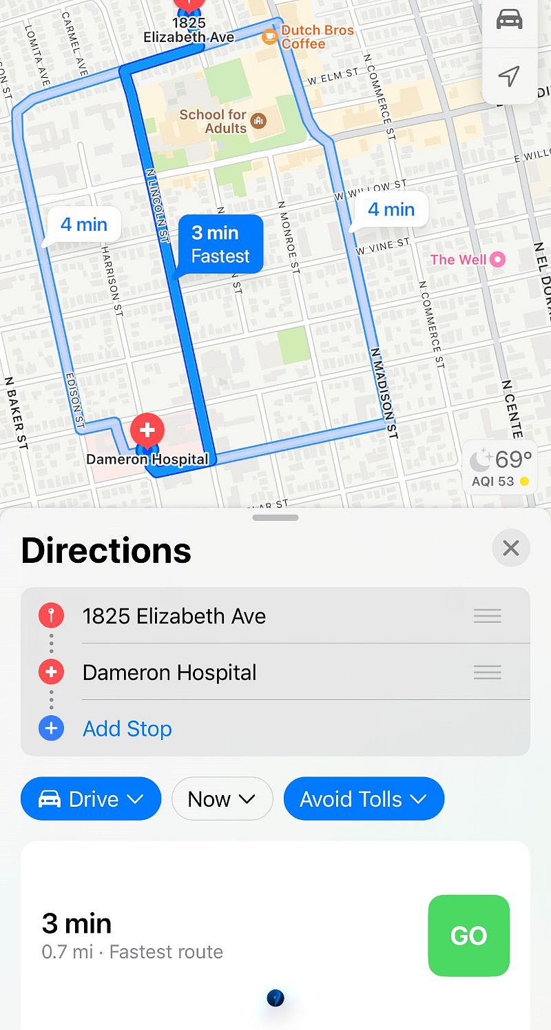 Distance to Dameron Hospital