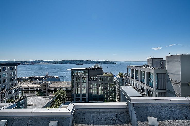 Relax and entertain at roof top patio with stunning view of Seattle, Puget Sound, Mt. Rainier and Space needle.