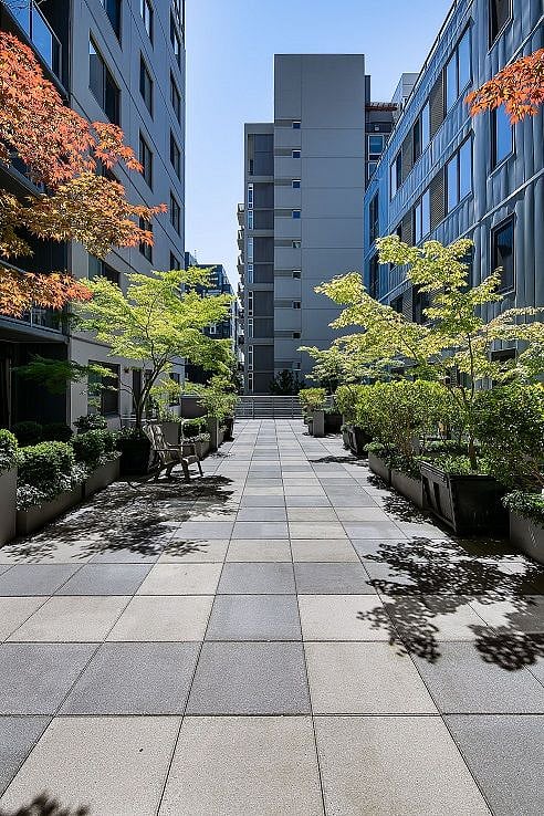 Peaceful courtyard sits outside of fully equipped gym.