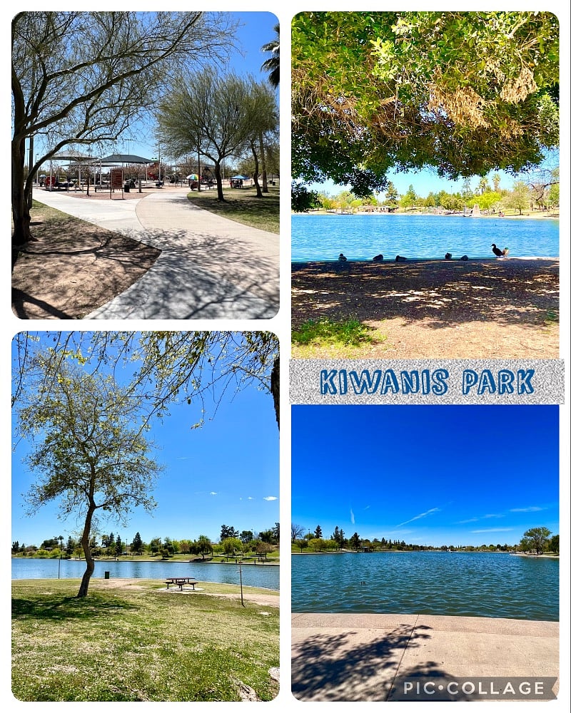Kiwanis Park beautiful lake to walk around, covered picnic benches, grill, fishing, and pedal boats and kayaks for rent.