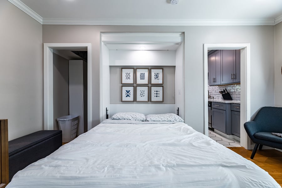 Queen Murphy bed folded down.