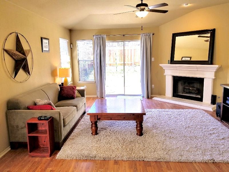 This is a lovely open concept kitchen, dining and living room. 