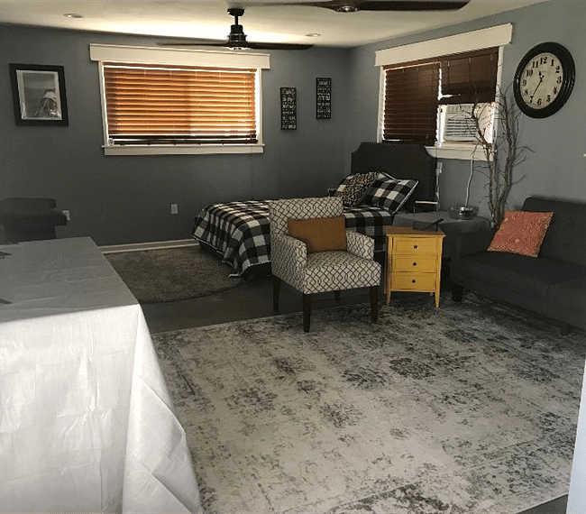 Living Space; Queen bed (comfortable mattress)