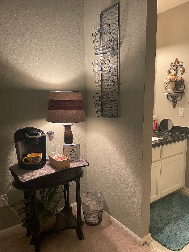 inside your room-- Kurig with water filter pitcher.