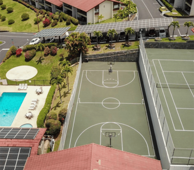 Pool, tennis and basketball court 