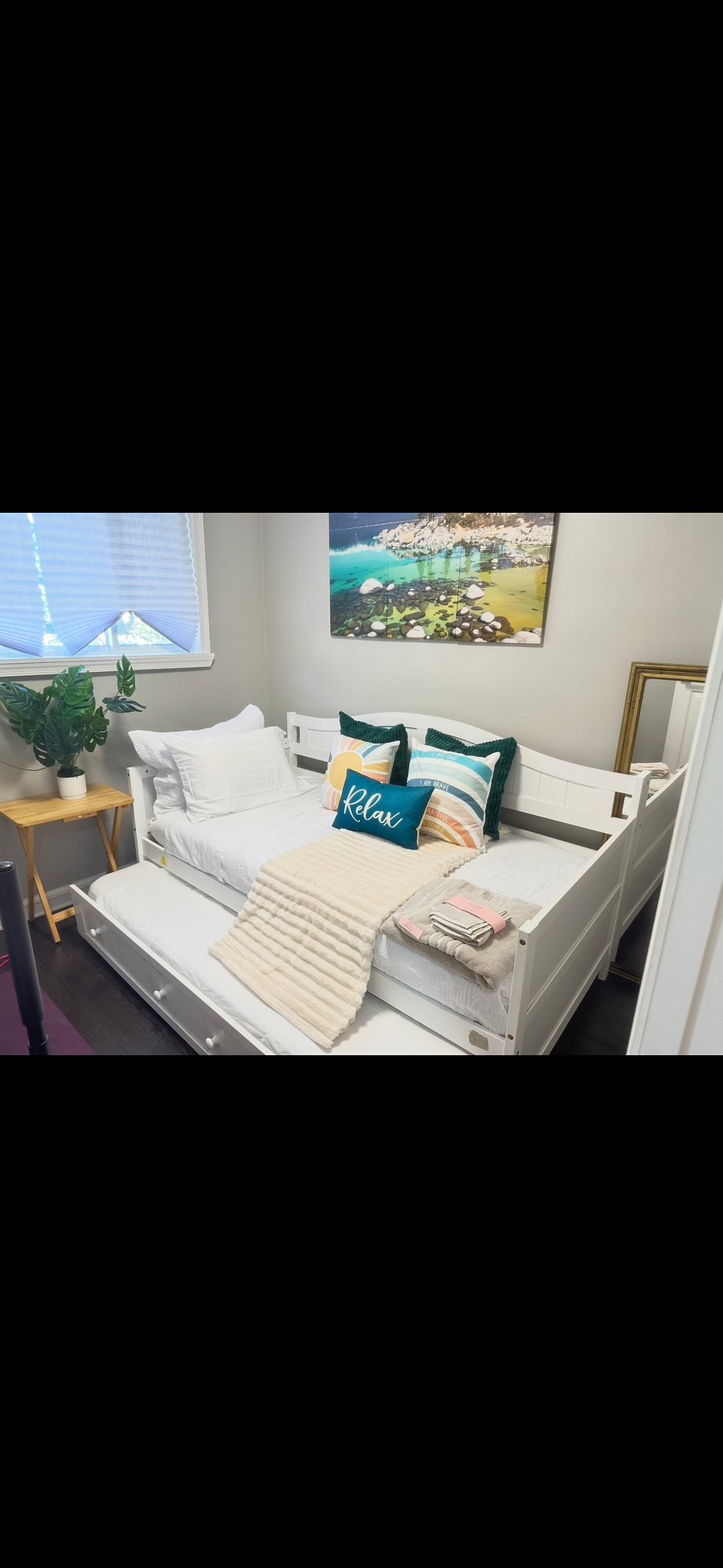 The Flex Room: Beautiful Lake Tahoe inspired sleeps 2! Includes a twin daybed with pull out trundle bed for guest - easily closes to create more room for you to enjoy wellness. Room features pilates reformer/mat, DB method squat machine & free weights.
