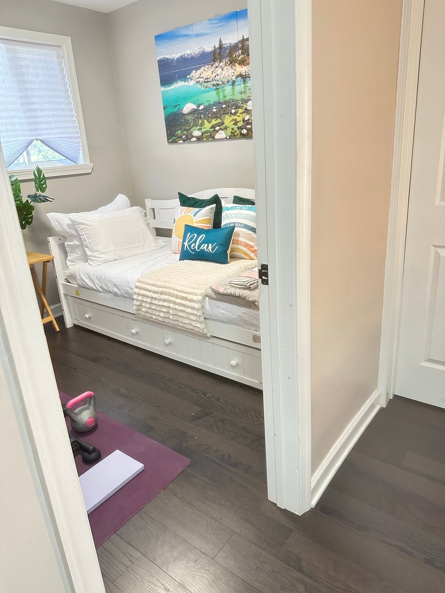 The Flex Room: Beautiful Lake Tahoe inspired sleeps 2! Includes a twin daybed with pull out trundle bed for guest - easily closes to create more room for you to enjoy wellness. Room features pilates reformer/mat, DB method squat machine & free weights.