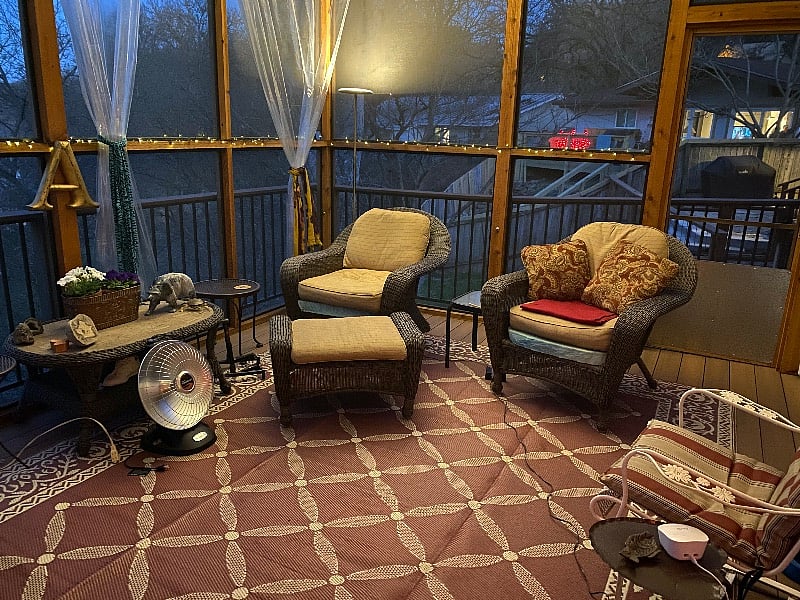 Night time on the porch with heater if necessary.