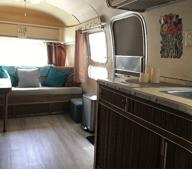 Main entrance to Airstream in living/kitchen area