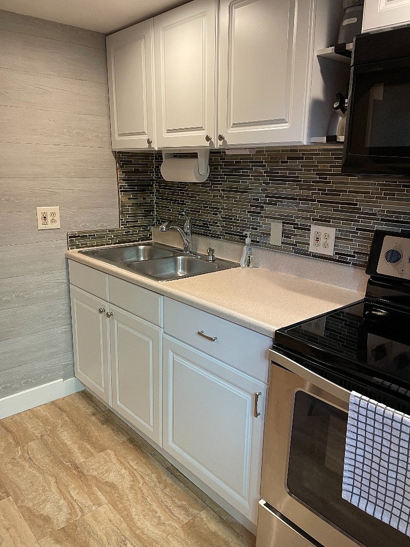 Kitchen is small but well equipped.