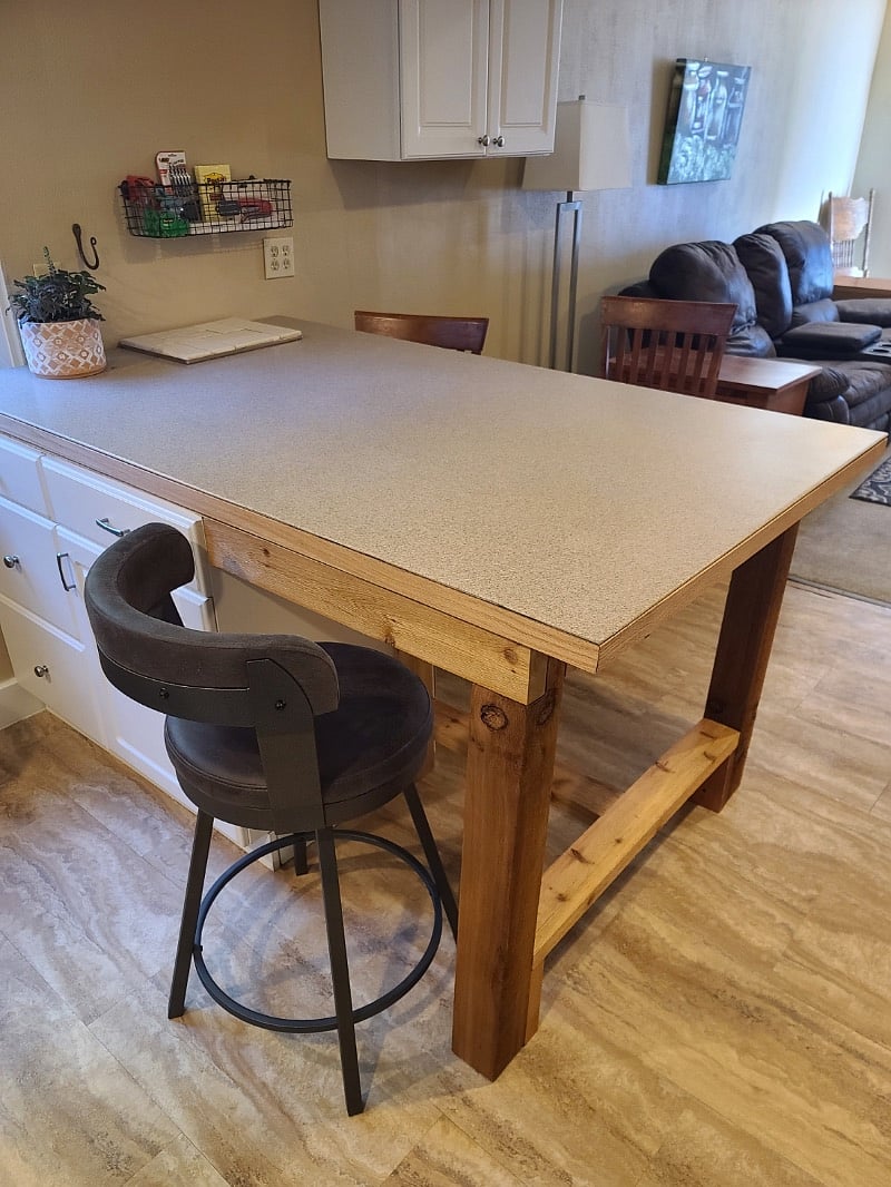 Large counter height peninsula seats 3 easily.