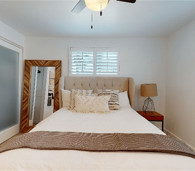 One bedroom, Queen size bed with closet & shutters throughout.
