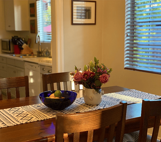 view from the dining room to the kitchen 