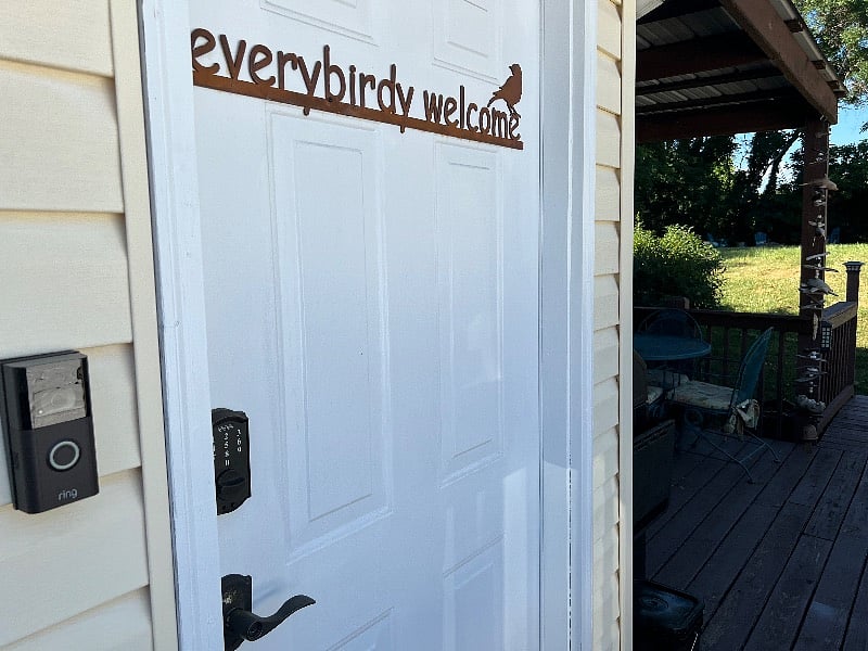 First of two private entrances to Hummingbird Haven. Most tenants use the second entrance, a french door just around the corner of the covered deck. You'll see it pictured 3 photos down in the living area photo. 