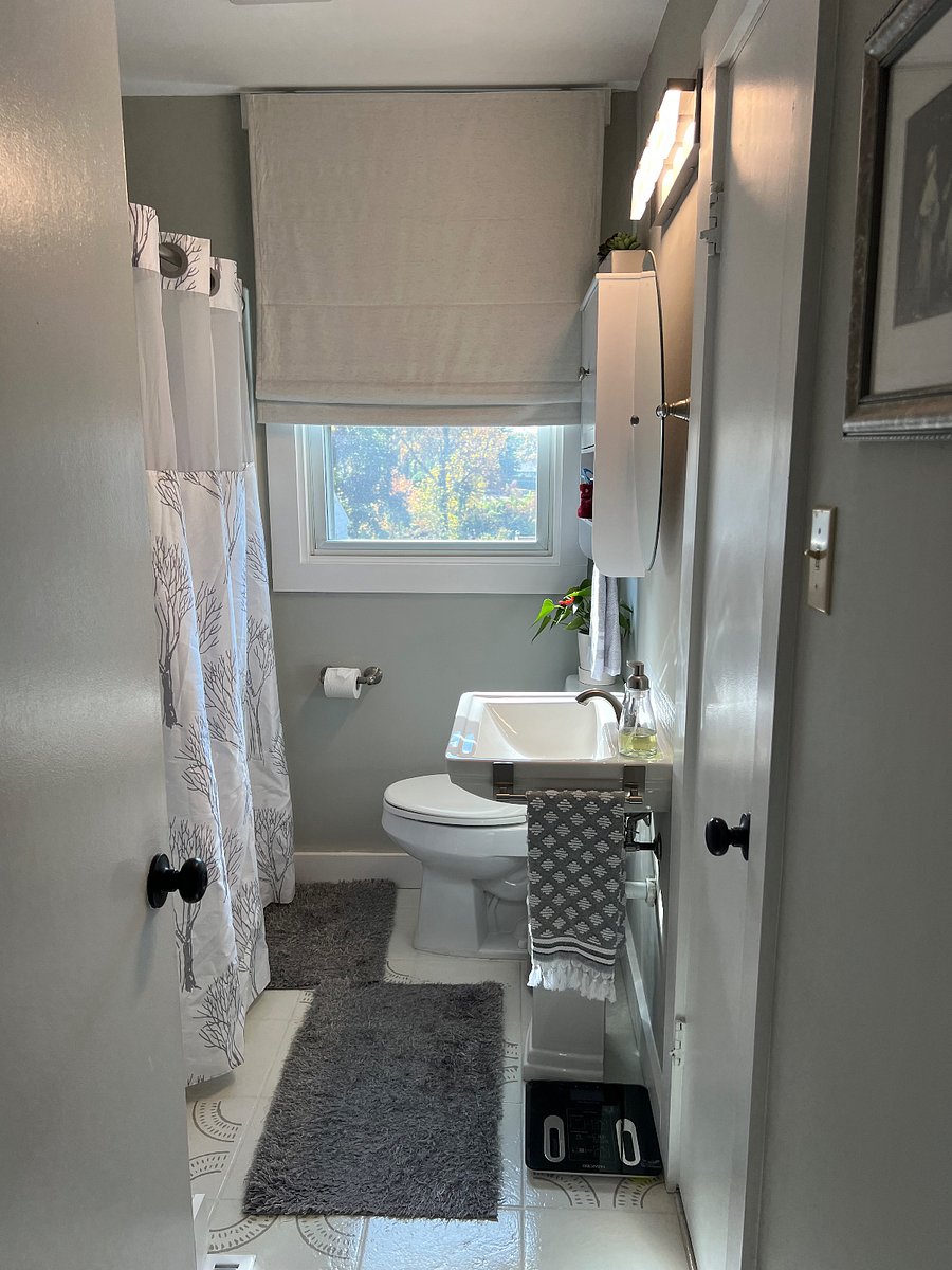 Walk-in shower with very low threshold to the left of the sink.