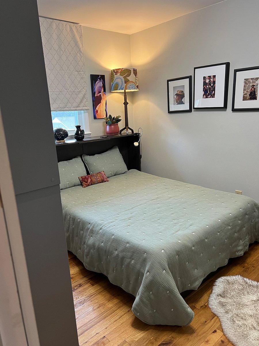 Queen size cabinet bed with an excellent mattress for guests. When not up in use as a bed, the cabinet closes into a 4.5 ft tall by 58 inch long cabinet suitable as a TV stand.