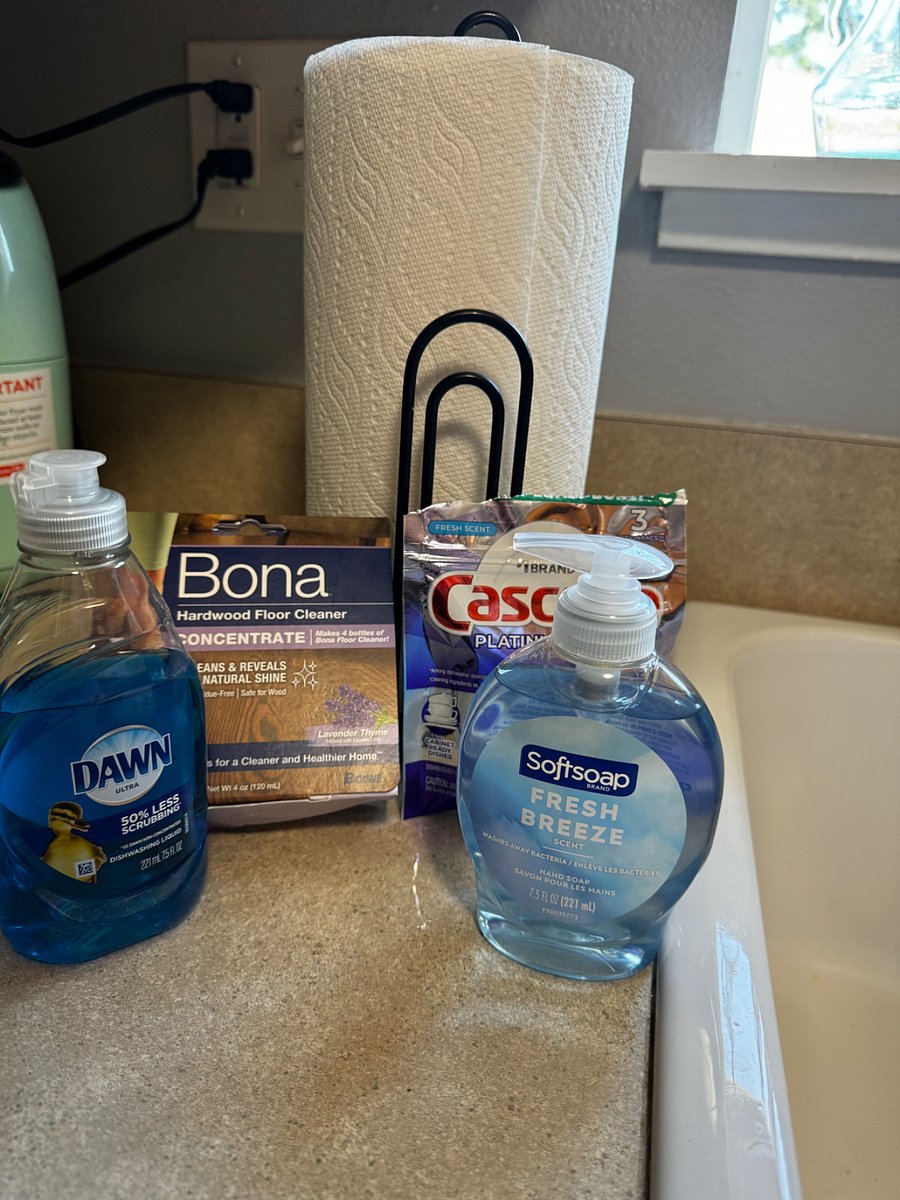 Starter cleaning supplies and toiletries.