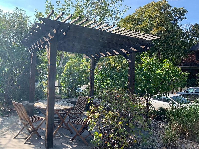 Outdoor dining area in the front yard