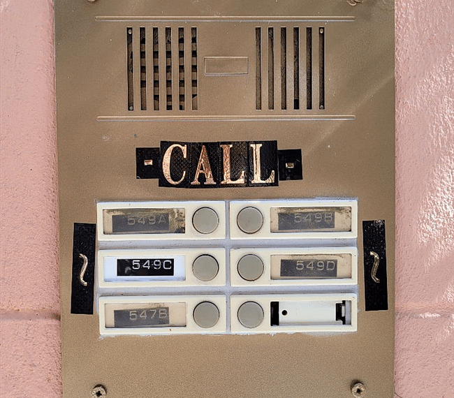 Call box for guests and deliveries. You pick up the intercom phone in the kitchen and speak directly to whomever is outside the gate.