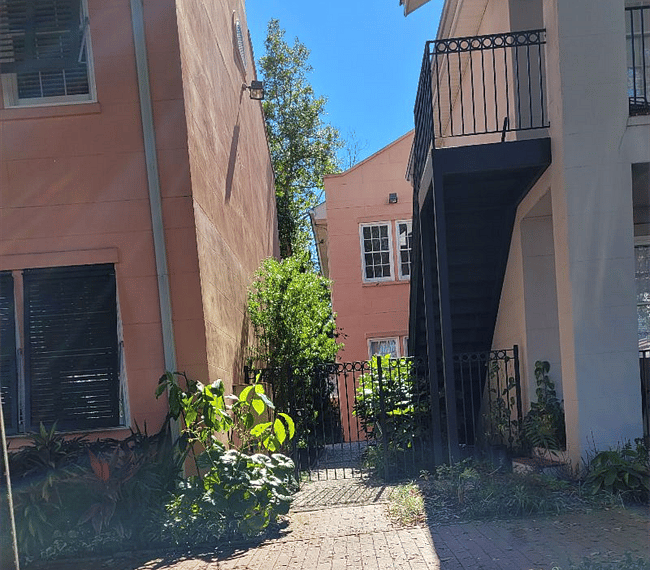 Gated Entrance on East Jones St with LR windows.
