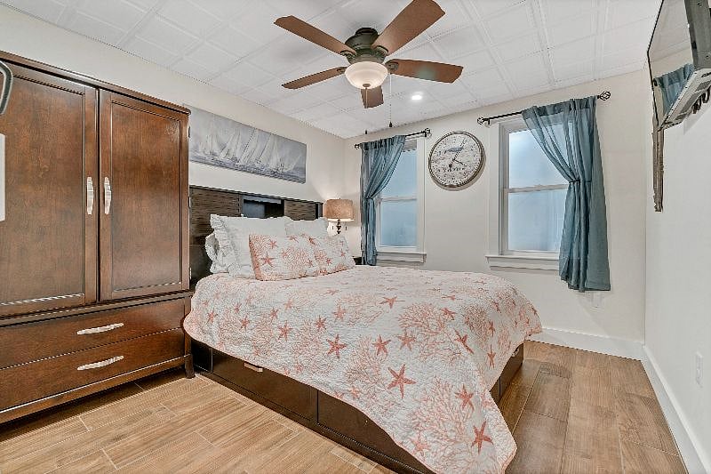 Queen bed with smart TV.