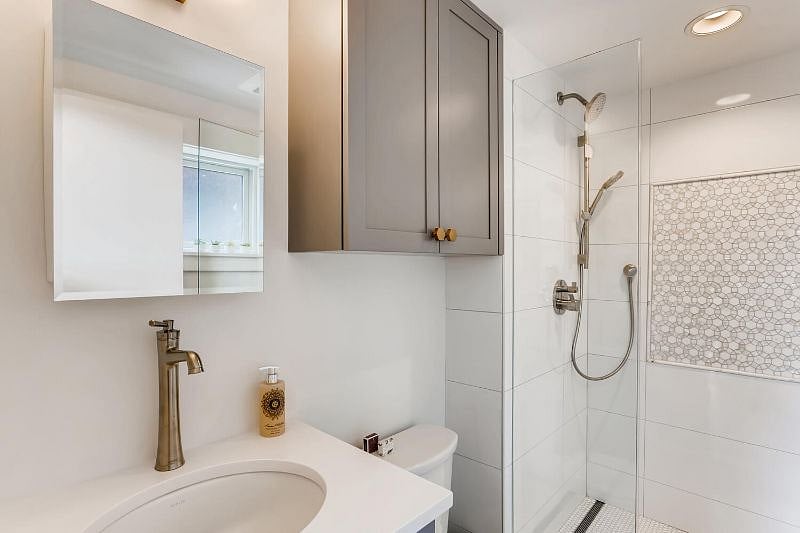 Beautiful bathroom with a stand up shower.